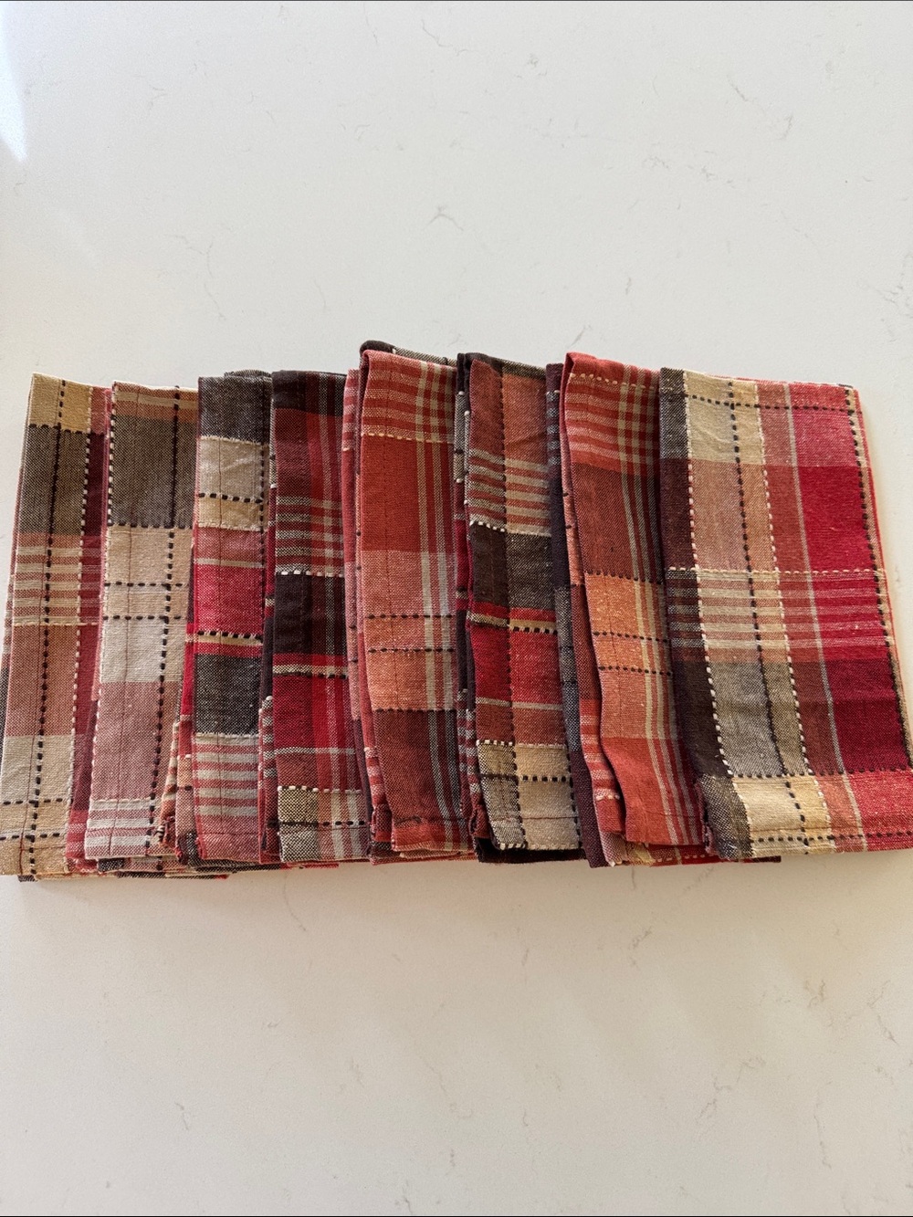 Tahari Plaid Cotton Napkin Set of 8 in Red, Brown, Tan, and Cream NWOT